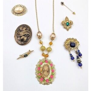Vintage Cameo Necklace Brooch Set Ornate Locket Pin Collection Gold Tone